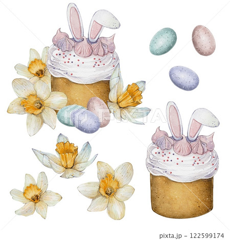 Watercolor Easter Cake Set with Bunny Ears, Daffodils, and Eggs Watercolor Easter Cake Set with Bunny Ears, Daffodils, and Eggs 122599174
