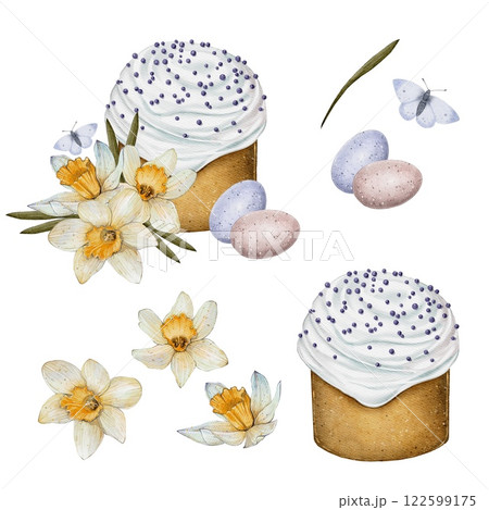 Watercolor Easter set of Cake with Daffodils and Eggs Watercolor Easter set of Cake with Daffodils and Eggs 122599175