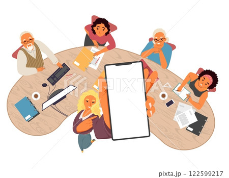 Businesswoman looking up showing raised smartphone 122599217