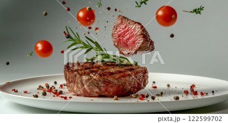 Grilled beef steak with falling rosemary, tomatoes, and peppercorns 122599702