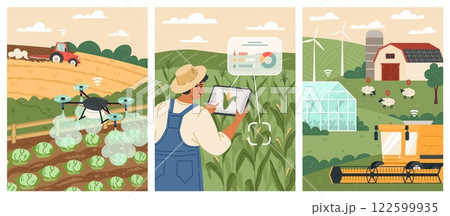 Modern agricultural practices are illustrated with a tractor tilling soil, a farmer monitoring crops with tech tools, and a drone inspecting fields for optimal yield and health. Vector set 122599935