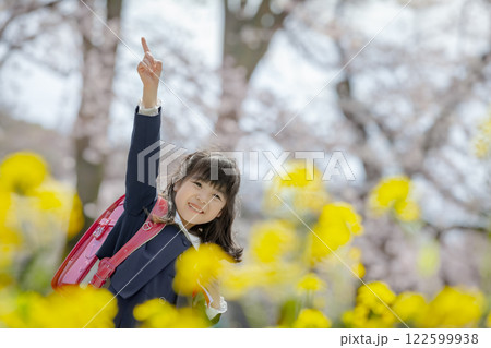 菜の花と桜の咲く公園を歩く小学一年生 122599938