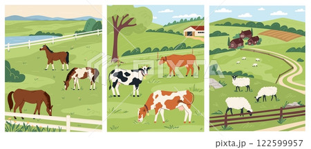 Horses, cows, and sheep are grazing in a lush green field surrounded by rolling hills and farmlands, showcasing a serene and thriving livestock farming environment. Vector set 122599957