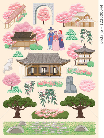Traditional Korean Architecture - Hanok with Cherry Blossoms in a Serene Spring Garden, Template design for stickers and icons. 122600044