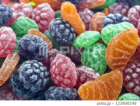 Colorful assortment of gummy candies displayed at a local market during a sunny afternoon Colorful assortment of gummy candies displayed at a local market during a sunny afternoon 122600148