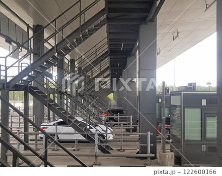 Border crossing with car waiting to cross Border crossing with car waiting to cross 122600166