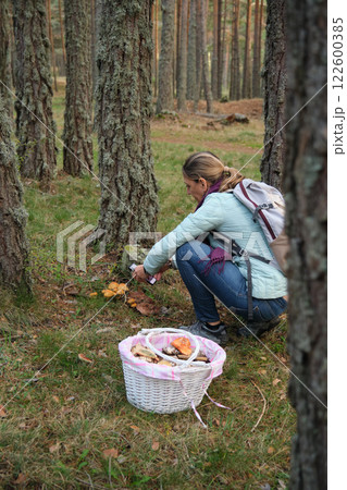 a girl with a basket of mushrooms a girl with a basket of mushrooms 122600385