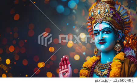 Ram Navami bokeh background with Hindu God Rama and copy space, day celebrates Hindu festival Ram Navami bokeh background with Hindu God Rama and copy space, day celebrates Hindu festival 122600497