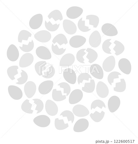 Cracked Eggshell and Whole Eggs Circular Background Texture in grayscale. Thematic cards backdrop 122600517