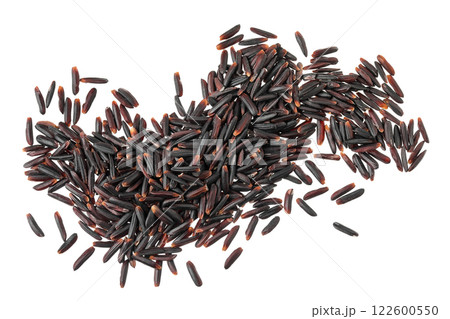 Black wild rice isolated on white background close up. Top view. Flat lay 122600550