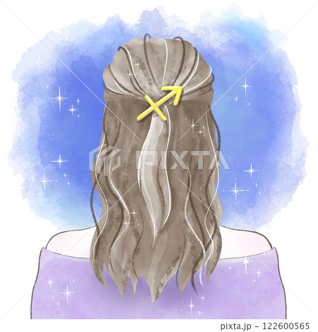 射手座の髪飾りを付け星空を見つめる後ろ姿の女性の水彩イラスト 122600565