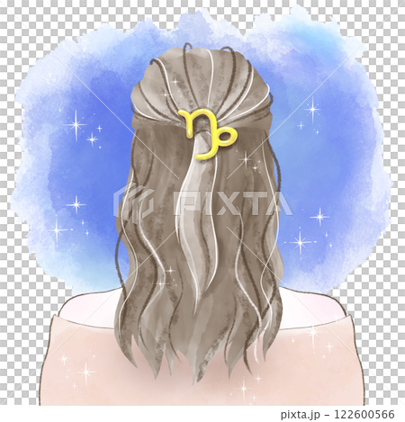 山羊座の髪飾りを付け星空を見つめる後ろ姿の女性水彩イラスト 山羊座の髪飾りを付け星空を見つめる後ろ姿の女性水彩イラスト 122600566