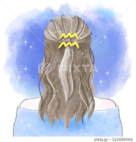 水瓶座の髪飾りを付け星空を見つめる後ろ姿の女性の水彩イラスト 122600568