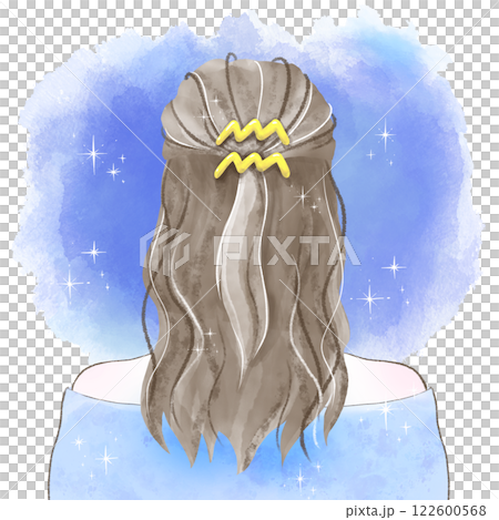 水瓶座の髪飾りを付け星空を見つめる後ろ姿の女性の水彩イラスト 122600568