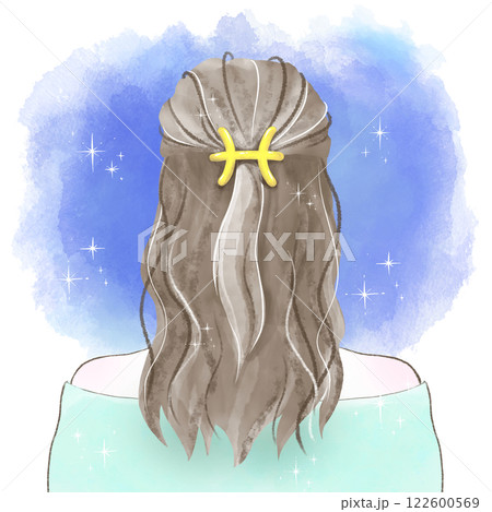 魚座の髪飾りを付け星空を見つめる後ろ姿の女性の水彩イラスト 122600569