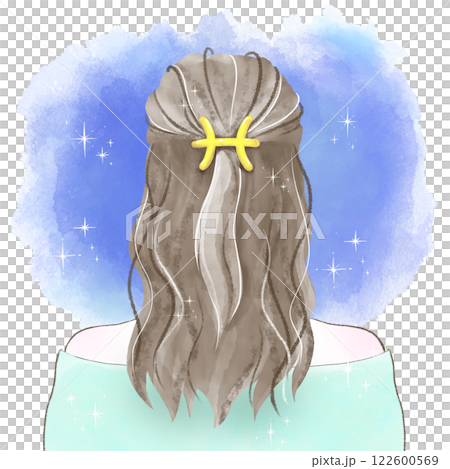 魚座の髪飾りを付け星空を見つめる後ろ姿の女性の水彩イラスト 122600569