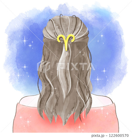 牡羊座の髪飾りを付け星空を見つめる後ろ姿の女性の水彩イラスト 牡羊座の髪飾りを付け星空を見つめる後ろ姿の女性の水彩イラスト 122600570