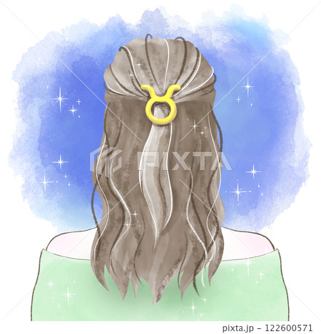 牡牛座の髪飾りを付け星空を見つめる後ろ姿の女性の水彩イラスト 牡牛座の髪飾りを付け星空を見つめる後ろ姿の女性の水彩イラスト 122600571