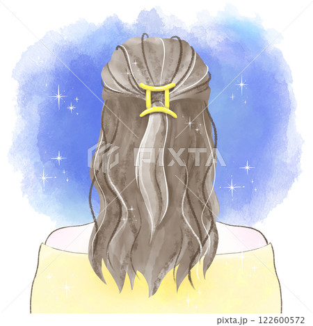 双子座の髪飾りを付け星空を見つめる後ろ姿の女性の水彩イラスト 122600572