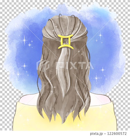 双子座の髪飾りを付け星空を見つめる後ろ姿の女性の水彩イラスト 122600572
