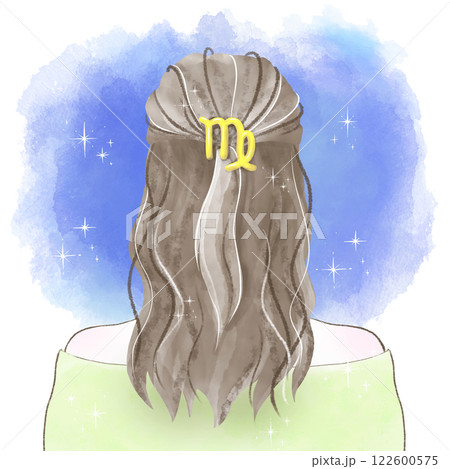 乙女座の髪飾りを付け星空を見つめる後ろ姿の女性の水彩イラスト 122600575