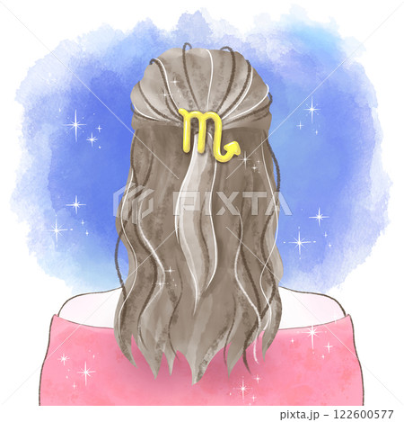 蠍座の髪飾りを付け星空を見つめる後ろ姿の女性の水彩イラスト 122600577