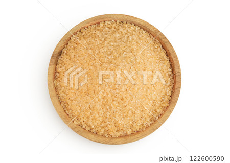 The brown sugar in wooden bowl isolated on white background. Top view. Flat lay 122600590