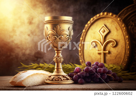 Holy communion on table on church.The Feast of Corpus Christi Concept, Religious Background. 122600602