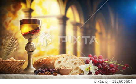 Holy communion on table on church.The Feast of Corpus Christi Concept, Religious Background. 122600604