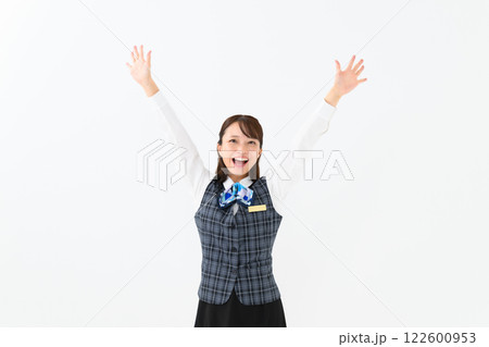 女性 制服 ビジネス ガッツポーズ 女性 制服 ビジネス ガッツポーズ 122600953