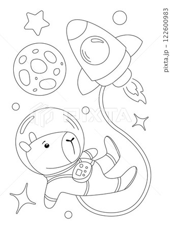 Coloring page with capybara astronaut and rocket 122600983