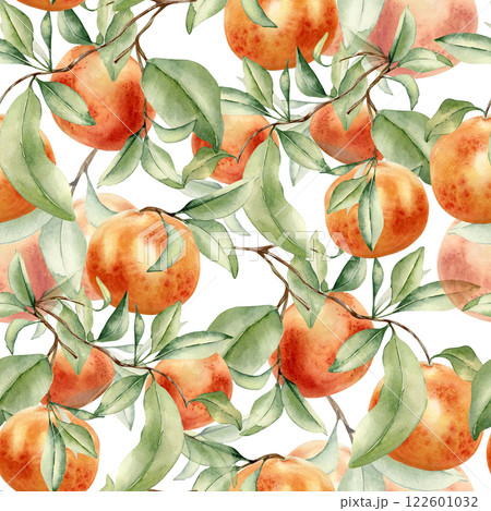 Grapefruits cluster on branches seamless pattern isolated on white. Watercolor citrus fruit trees on repeated texture. Hand drawn sprigs and red oranges in botanical background for textile, package 122601032