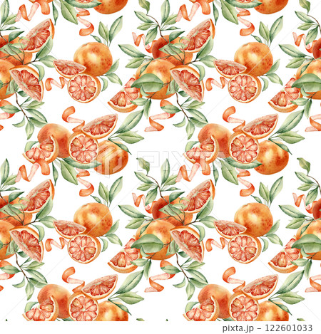 Grapefruits whole and slice, foliage and citrus peel twist watercolor seamless pattern isolated. Juicy summer repeated background. Red orange ripe, leaves hand drawn for design textile, wallpaper. 122601033