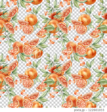 Grapefruits whole and slice, foliage and citrus peel twist watercolor seamless pattern isolated. Juicy summer repeated background. Red orange ripe, leaves hand drawn for design textile, wallpaper. 122601033