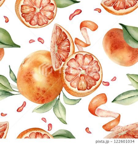 Grapefruits whole and slice, foliage and citrus peel twist watercolor seamless pattern isolated. Bright summer repeated background with orange fruits and juice drops hand drawn for packaging, textile. 122601034