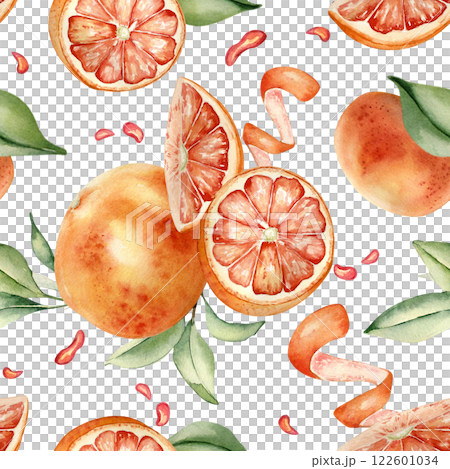 Grapefruits whole and slice, foliage and citrus peel twist watercolor seamless pattern isolated. Bright summer repeated background with orange fruits and juice drops hand drawn for packaging, textile. 122601034