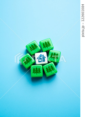 House surrounded by forests. Ecological housing concept. Eco tourism. Parks and sustainability with nature, green spaces. Harmony with the environment, 122601084