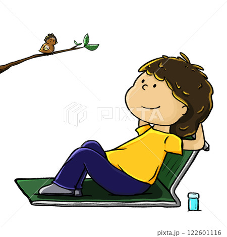 Teenage boy watching bird doodle illustration, lying on beach chair color drawing 122601116