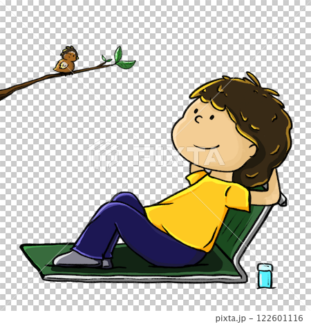 Teenage boy watching bird doodle illustration, lying on beach chair color drawing 122601116