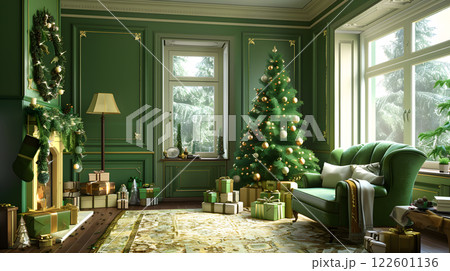 Festive Christmas interior with fir tree, gifts and garlands. AI Generated 122601136