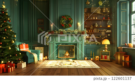 Festive Christmas interior with fir tree, gifts and garlands. AI Generated 122601137
