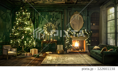 Festive Christmas interior with fir tree, gifts and garlands. AI Generated 122601138