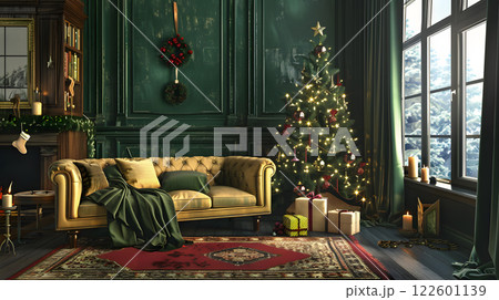 Festive Christmas interior with fir tree, gifts and garlands. AI Generated 122601139