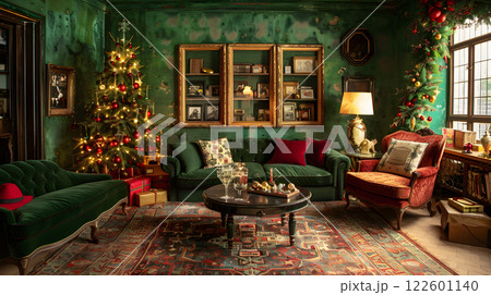 Festive Christmas interior with fir tree, gifts and garlands. AI Generated 122601140