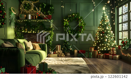 Festive Christmas interior with fir tree, gifts and garlands. AI Generated 122601142
