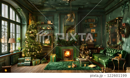 Festive Christmas interior with fir tree, gifts and garlands. AI Generated 122601199
