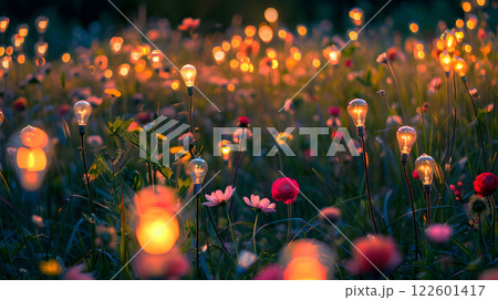 A field of light bulbs in the form of flowers as a concept for energy saving. AI Generated 122601417