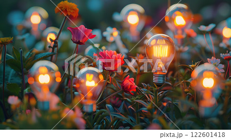 A field of light bulbs in the form of flowers as a concept for energy saving. AI Generated 122601418