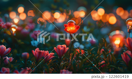 A field of light bulbs in the form of flowers as a concept for energy saving. AI Generated 122601419
