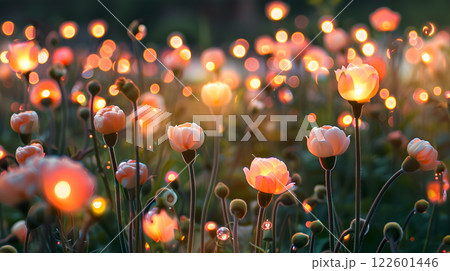 A field of light bulbs in the form of flowers as a concept for energy saving. AI Generated A field of light bulbs in the form of flowers as a concept for energy saving. AI Generated 122601446